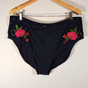 Boohoo Bathing Suit Bikini Bottom size 18 Black Floral Embroidery Cut Out Waist